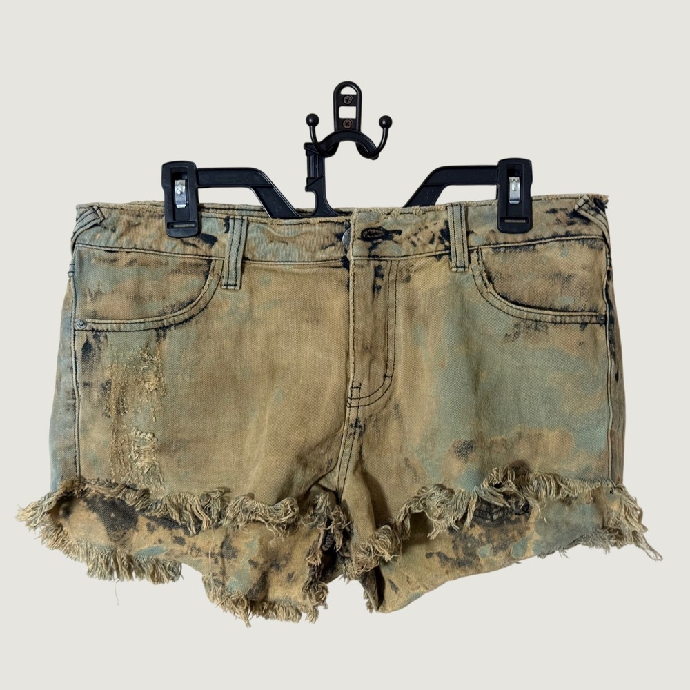 Free People Acid Wash Distressed Denim Cut Off Shorts Tan Green Black Size 28